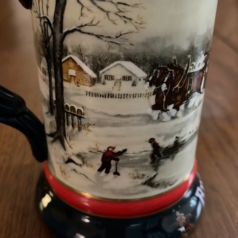 Anhueser-Busch Budweiser 1990 Christmas beer stein. The artist Susan Sampson.